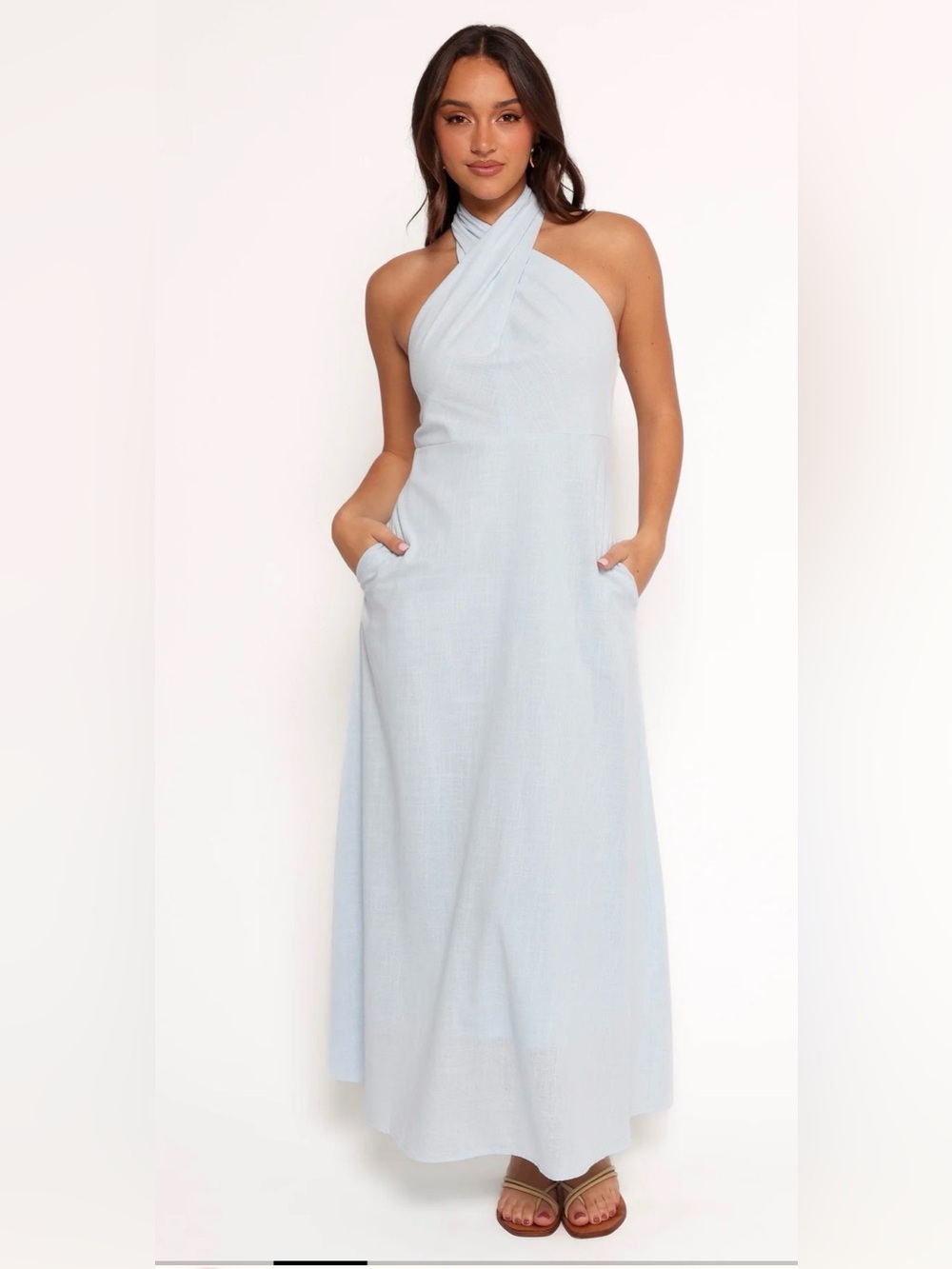 Petal & Pup Light Blue Halter Cross-Neck Maxi Dress